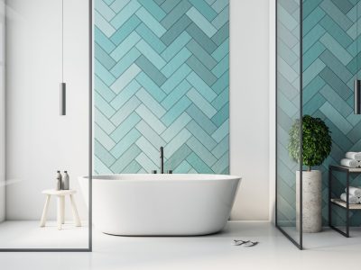 Modern turquoise bathroom interior with bathand self care products. Style and hygiene concept. Mock up. 3d rendering